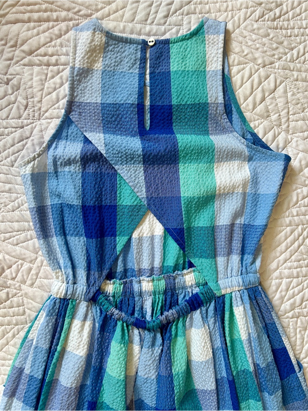 Ann Taylor LOFT Seersucker Plaid Sleeveless Midi Dress W/ Peekaboo Open Back - Picture 5 of 5